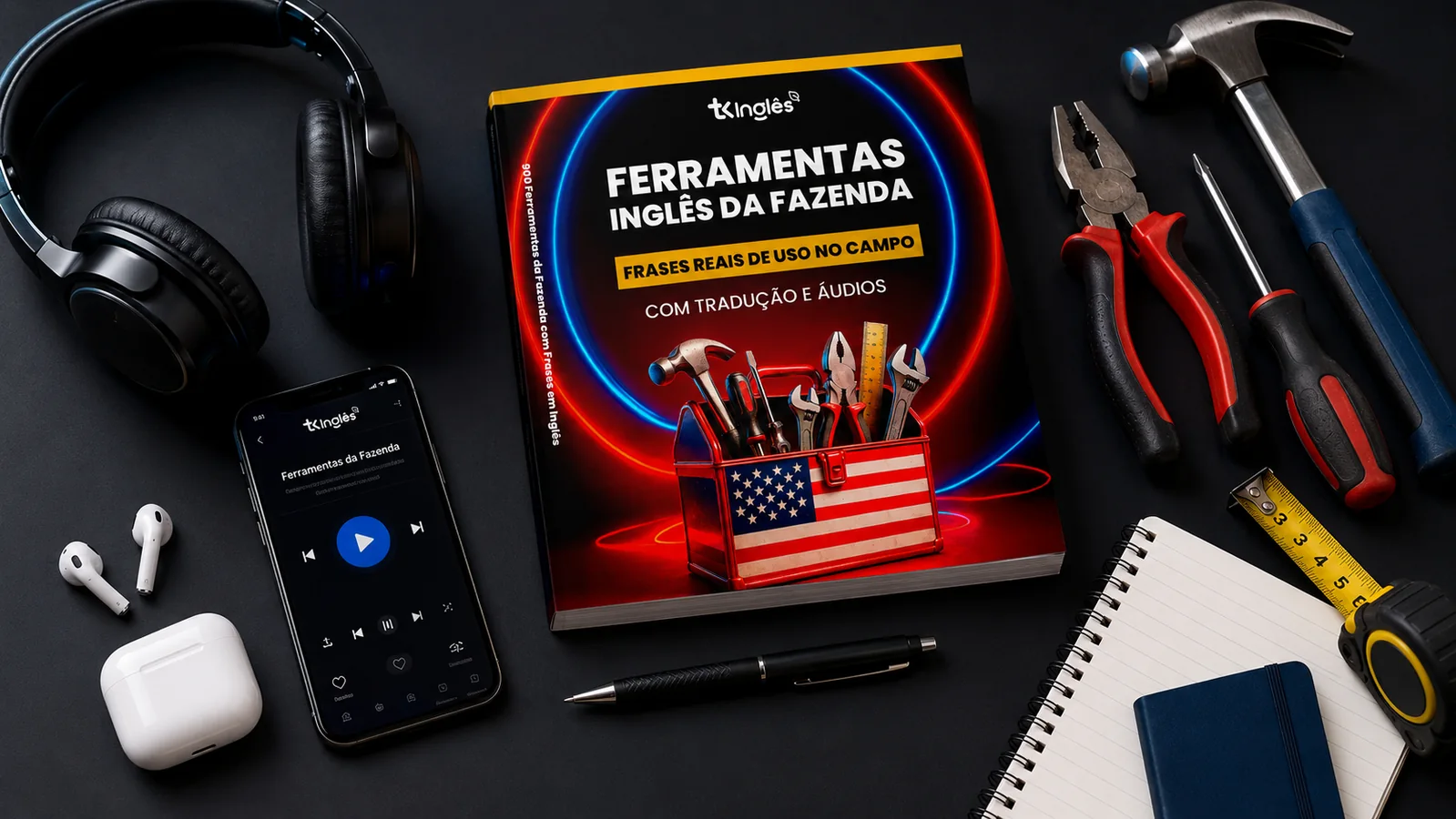 Livro em flatlay com fone e ferramentas