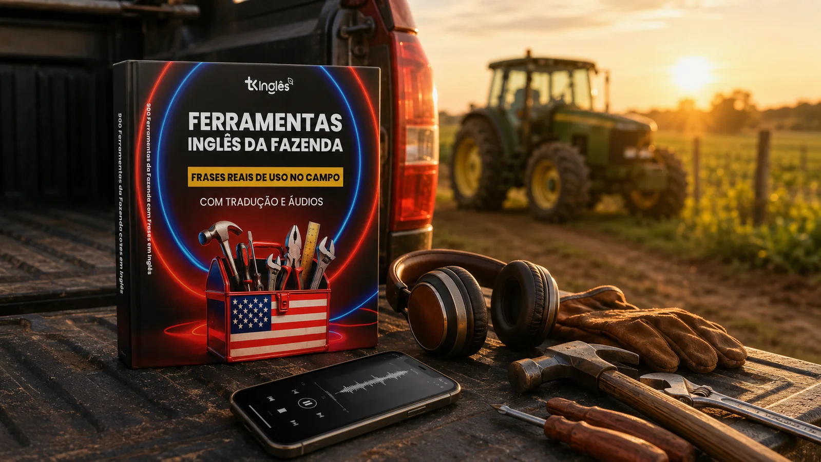 Livro Ferramentas Inglês da Fazenda no campo com fones e ferramentas