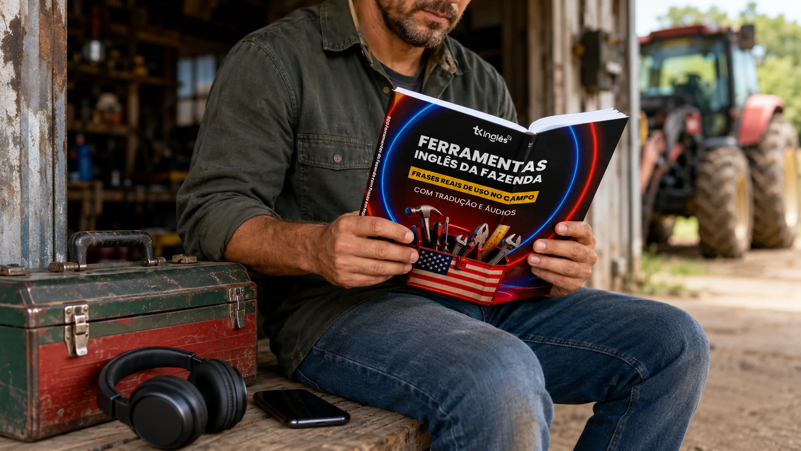 Pessoa lendo livro na oficina rural