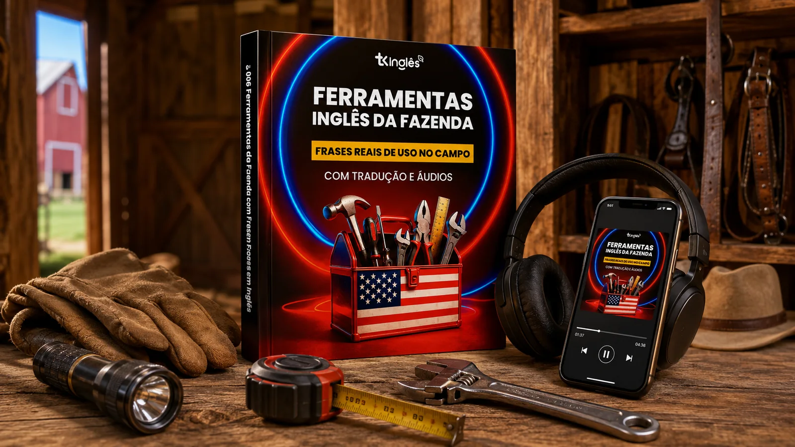 Livro em cenário neon com ferramentas e áudio